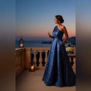 Xscape One‑Shoulder Metallic Gown – Size 6 – NWT